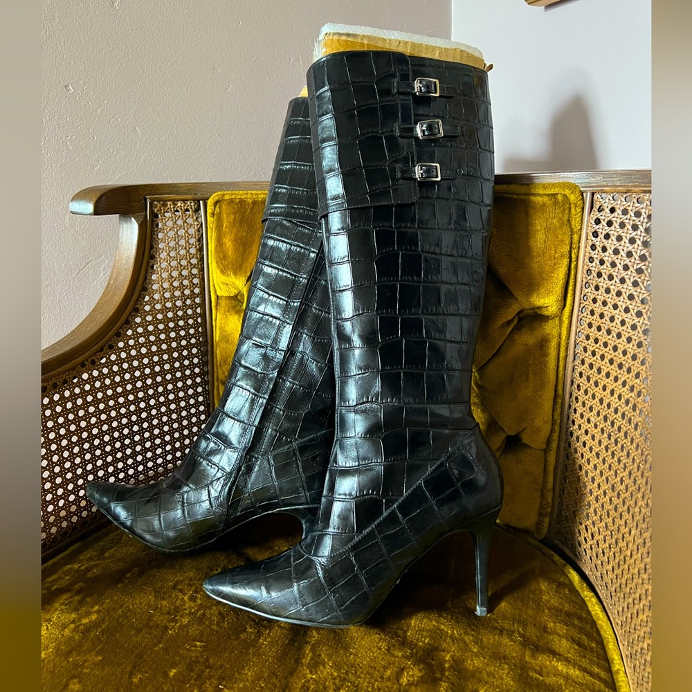 Black crocodile print leather boots